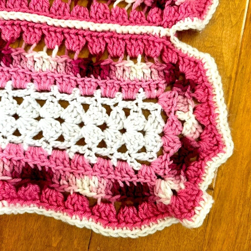 Evelyn Swallow Hand Made Crochet Knit Afghan Blanket Throw Pink and White 53x28”
